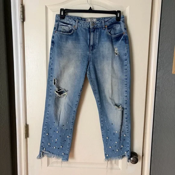 Free People Pearl Bejeweled Straight leg distressed jeans, 29 - Picture 2 of 14